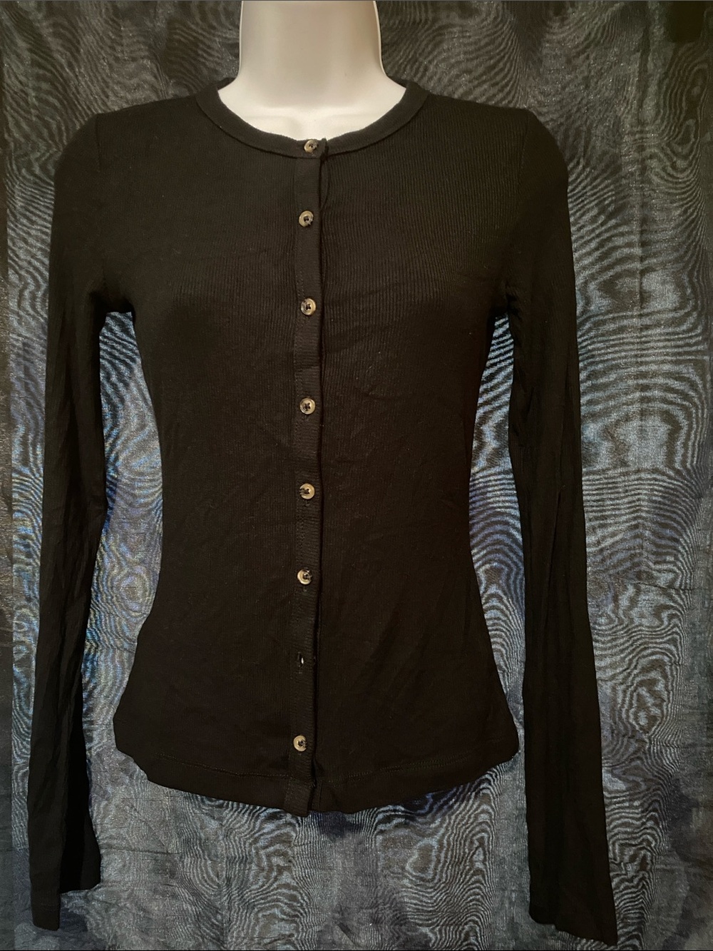 wild fable Black Ribbed Button-Front Long Sleeve Top
